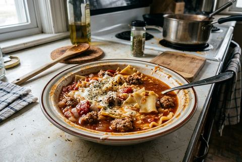 Lasagna soup with broken noodles and Italian sausage in tomato broth