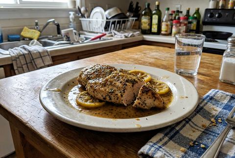 Lemon pepper chicken breast with pan sauce and lemon slices