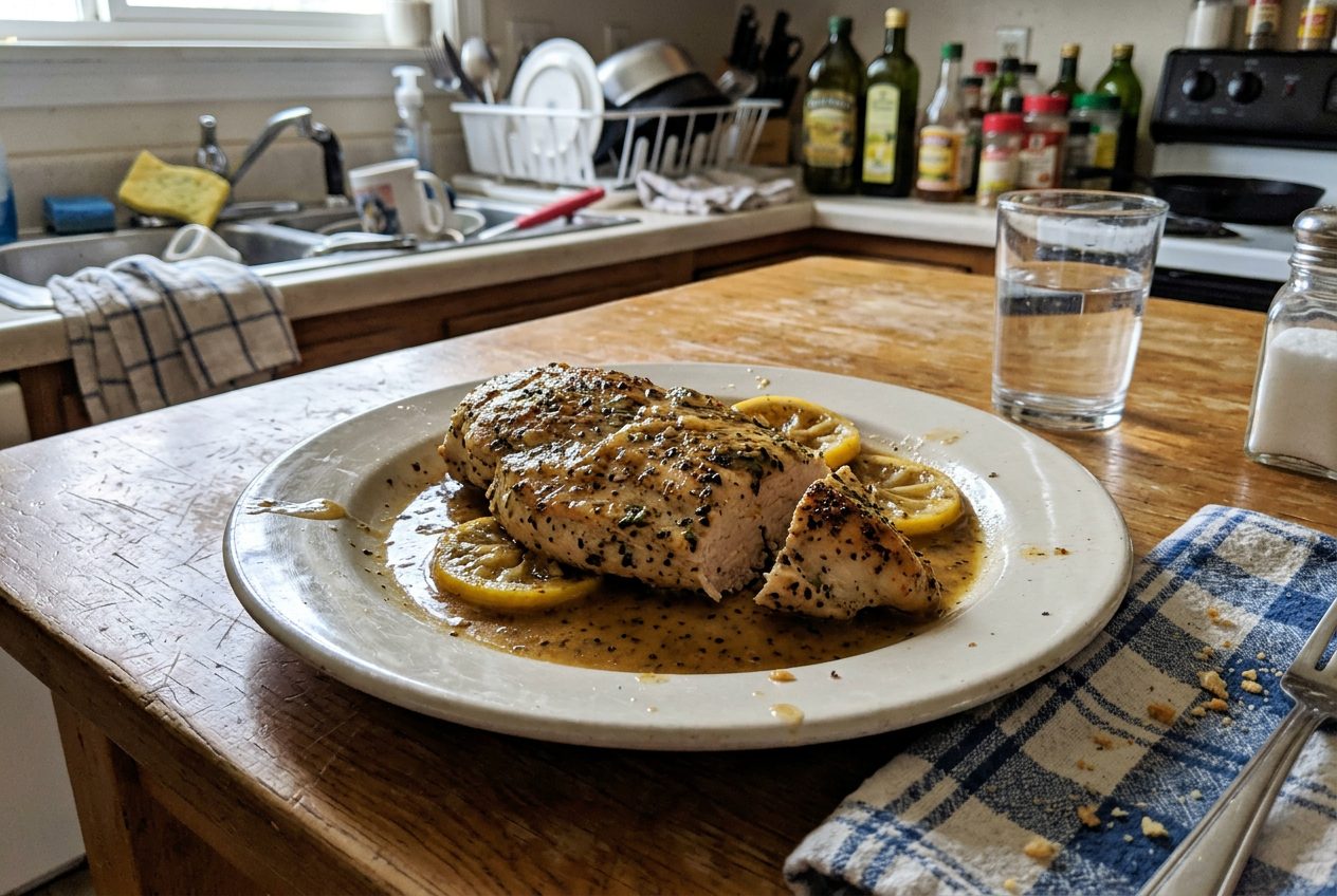 Lemon pepper chicken breast with pan sauce and lemon slices