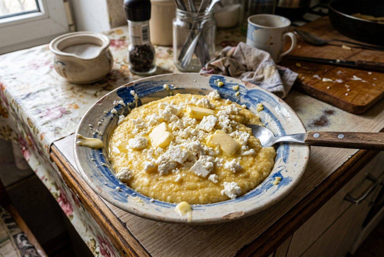 Creamy golden Romanian mamaliga topped with butter and crumbled cheese