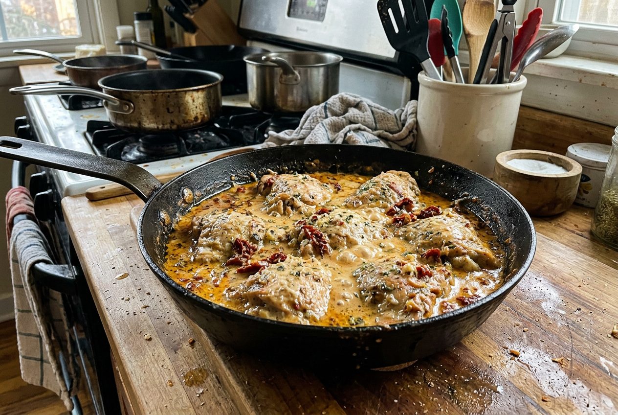 Marry Me chicken in creamy sun-dried tomato sauce in a skillet