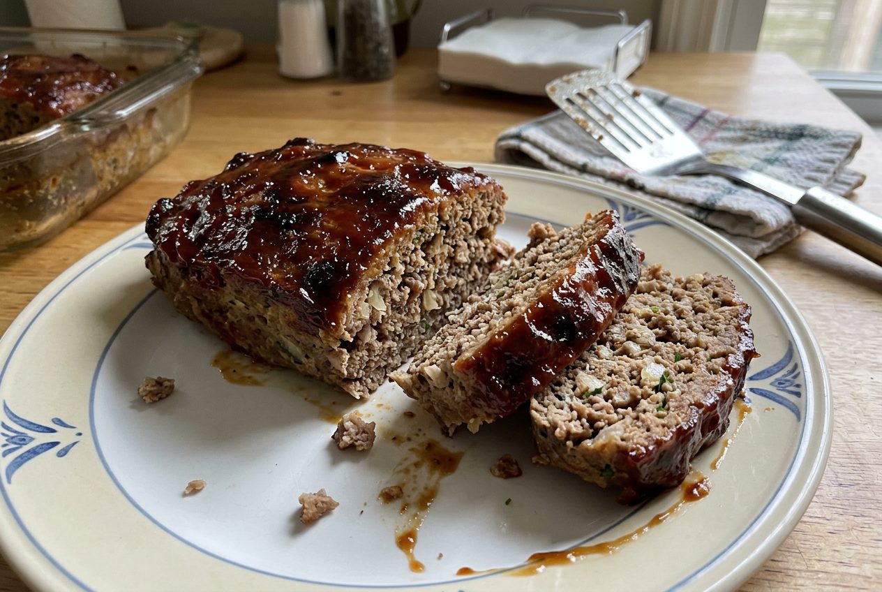 Classic meatloaf with sticky brown sugar ketchup glaze, sliced