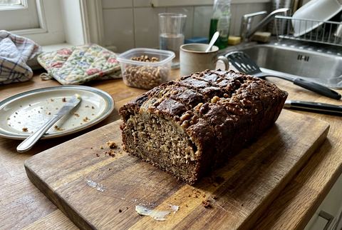 Sliced moist banana bread loaf