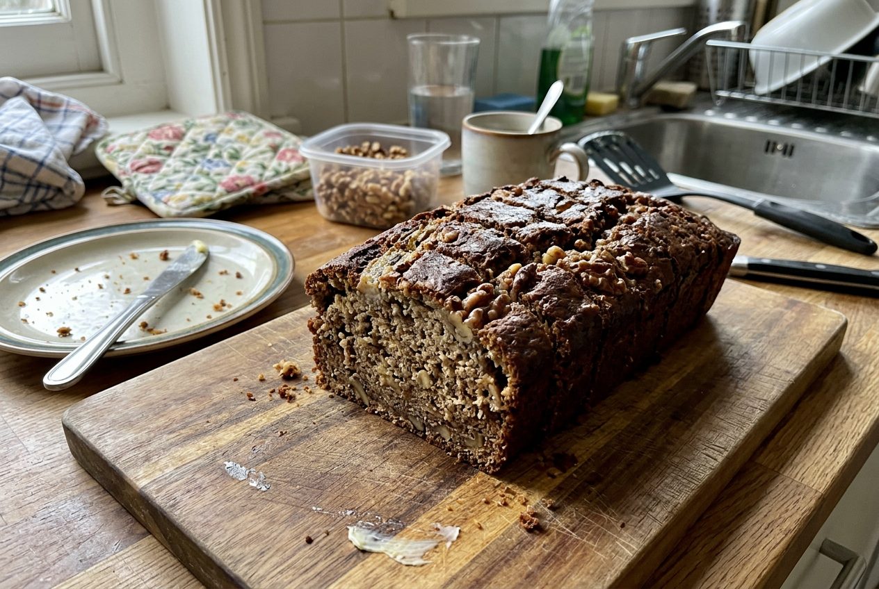 Sliced moist banana bread loaf