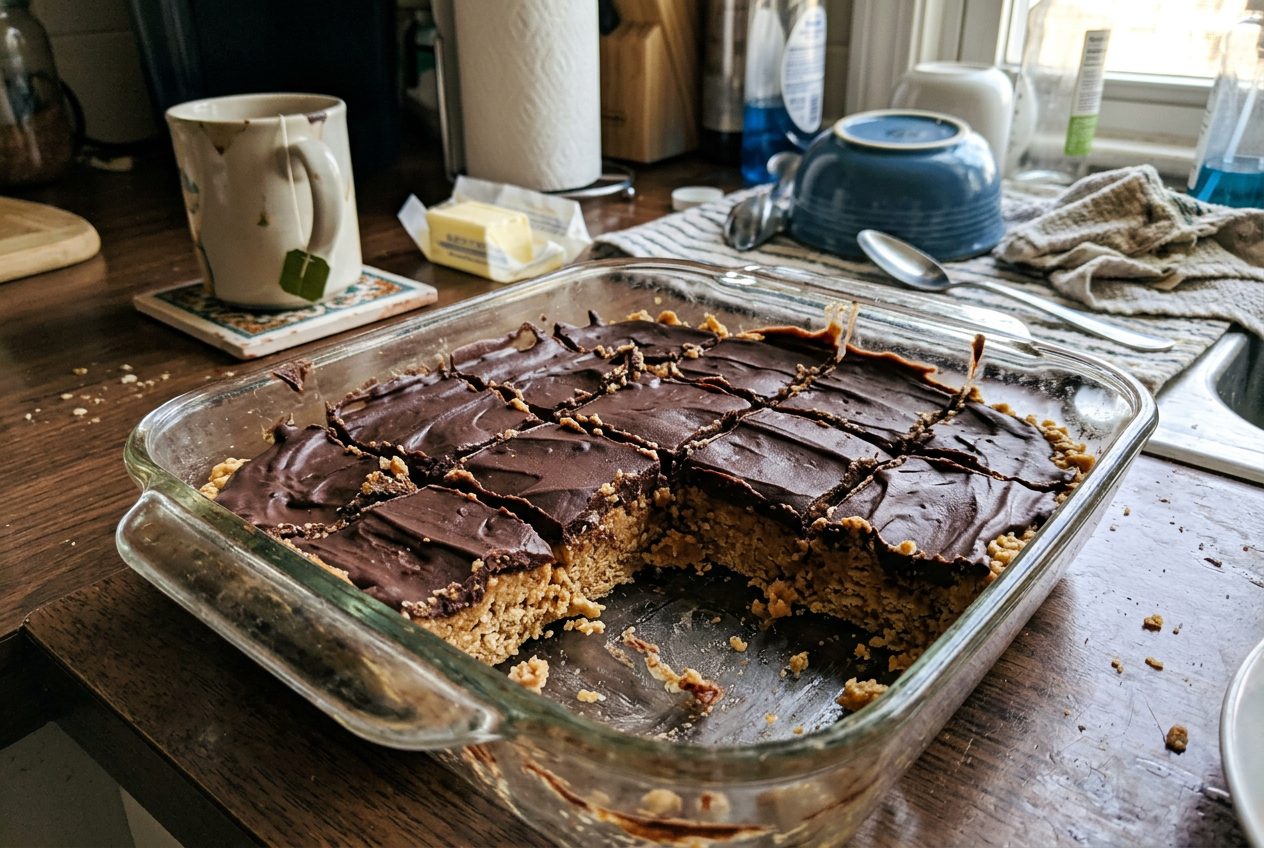 No bake peanut butter bars with chocolate topping, cut in squares