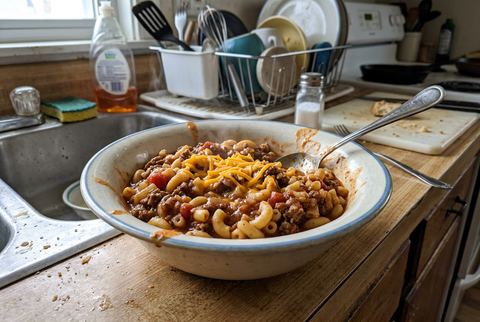 Old fashioned American goulash with macaroni and beef in tomato sauce