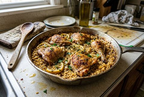 One pan lemon chicken and rice with browned chicken over golden rice