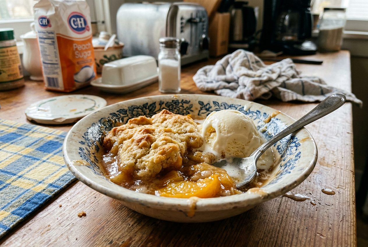 Peach cobbler with golden biscuit topping and vanilla ice cream