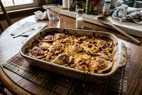 Pierogi casserole with browned pierogies, onions, and cheese