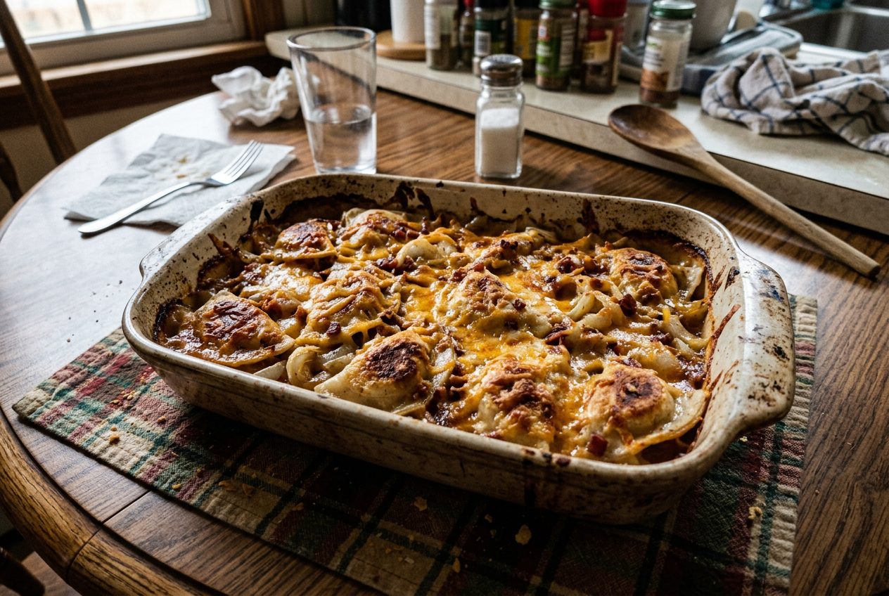 Pierogi casserole with browned pierogies, onions, and cheese