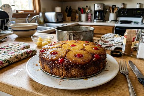 Pineapple upside down cake with caramelized fruit top