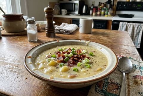 Creamy potato soup topped with bacon and green onions