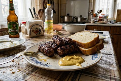 Grilled Romanian mici sausages served with mustard and bread