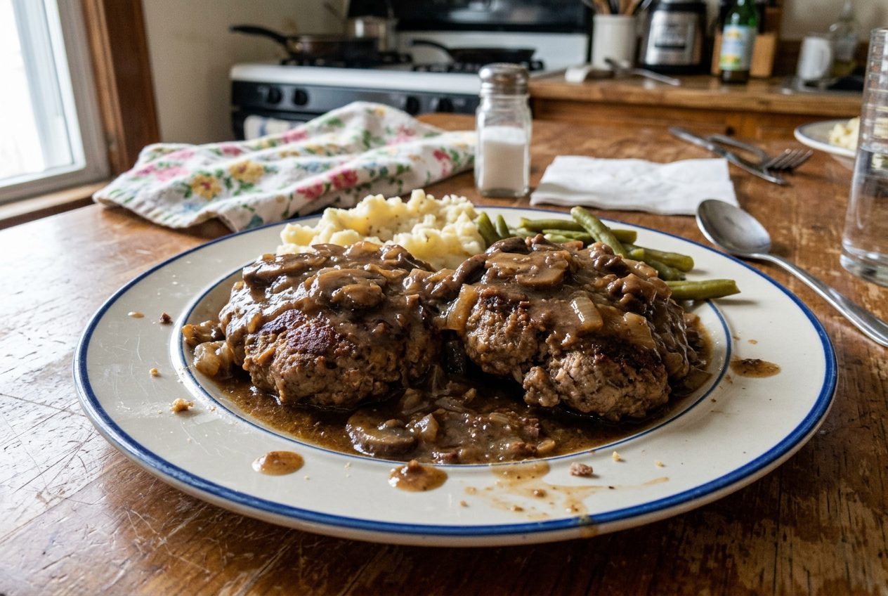 Salisbury steak patties smothered in mushroom onion gravy