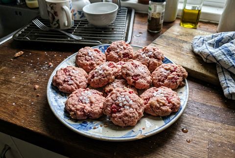 Naturally pink strawberry cookies finished with flaky sea salt