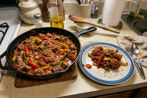 Italian sausage and peppers skillet in a rich tomato sauce