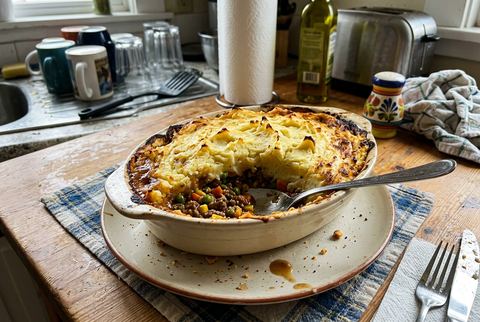 Shepherds pie with ground beef under golden mashed potato topping
