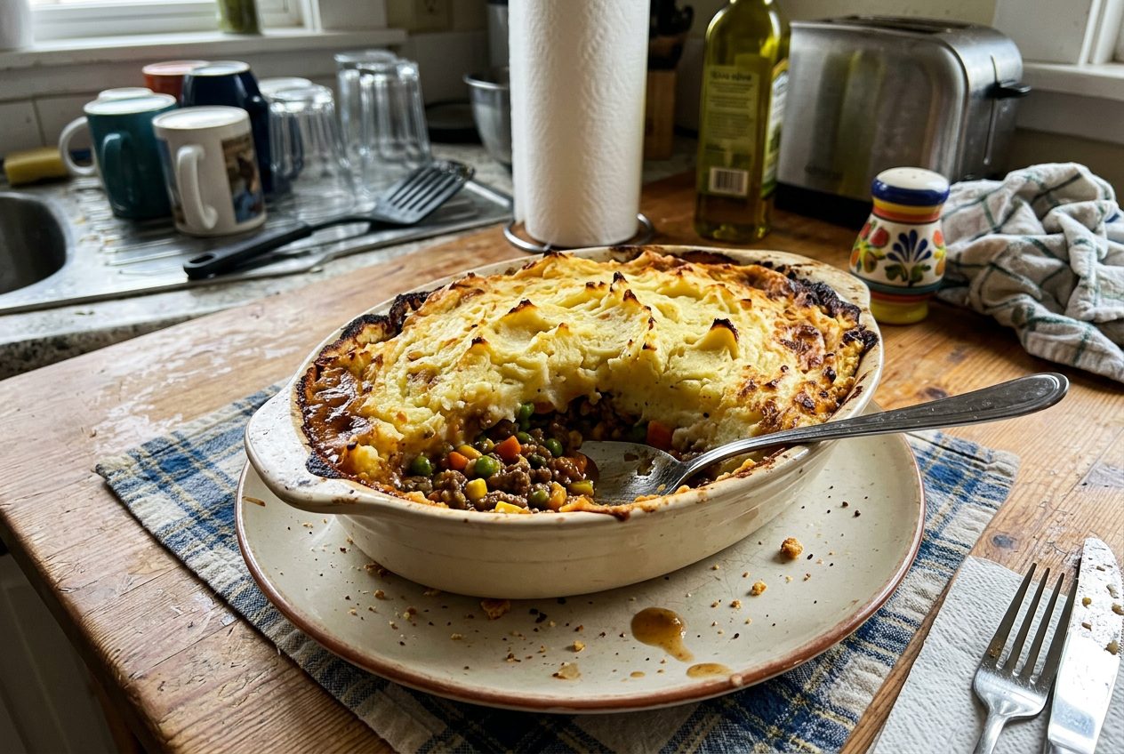 Shepherds pie with ground beef under golden mashed potato topping