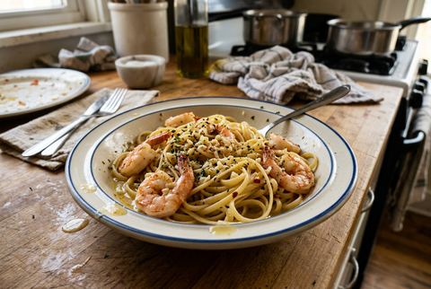 Shrimp scampi tossed with linguine in garlic butter sauce