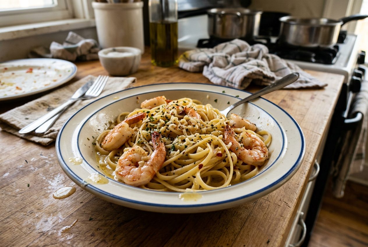 Shrimp scampi tossed with linguine in garlic butter sauce