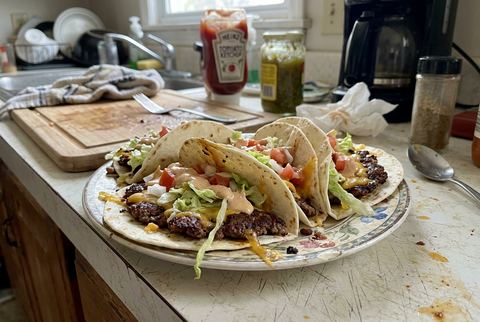 Smash burger tacos with crispy beef pressed into tortillas