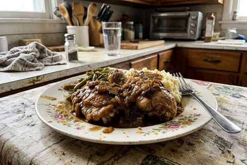 Smothered chicken covered in rich onion gravy