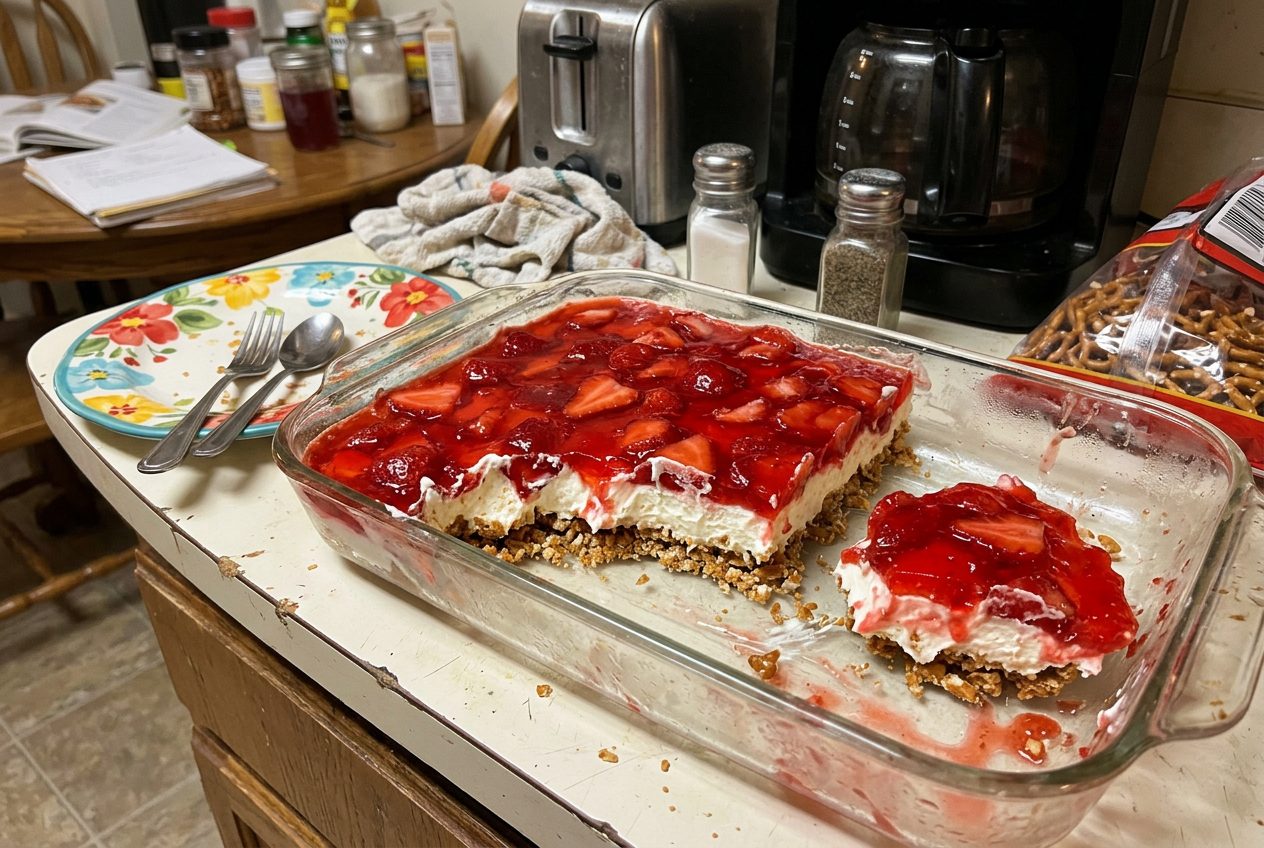 Strawberry pretzel salad layers of pretzel crust, cream, and strawberry topping