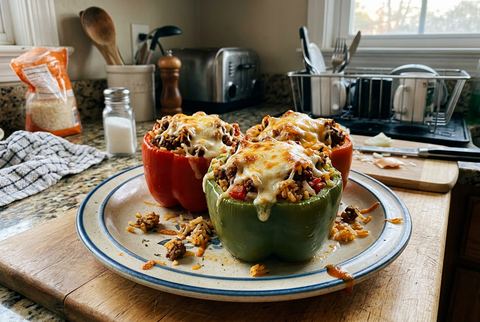 Stuffed bell peppers filled with beef and rice, topped with melted cheese