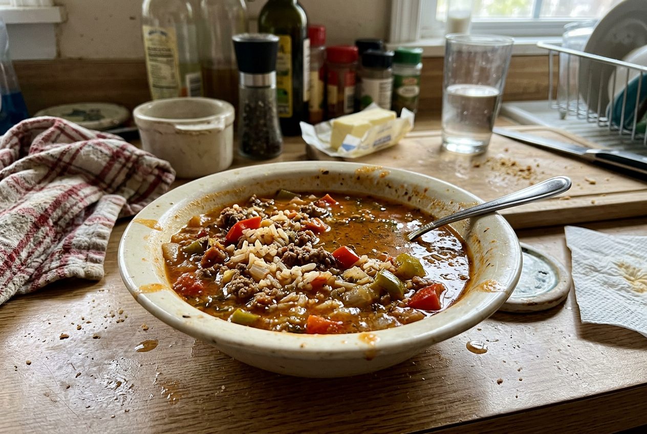 Stuffed pepper soup with ground beef, rice, and bell peppers in tomato broth