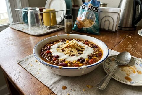 Taco soup with ground beef, beans, and corn topped with tortilla chips