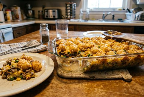 Tater tot casserole with ground beef and golden potato topping