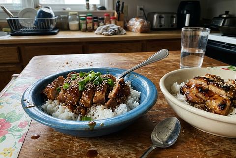 Teriyaki chicken bowl with glazed chicken over steamed rice