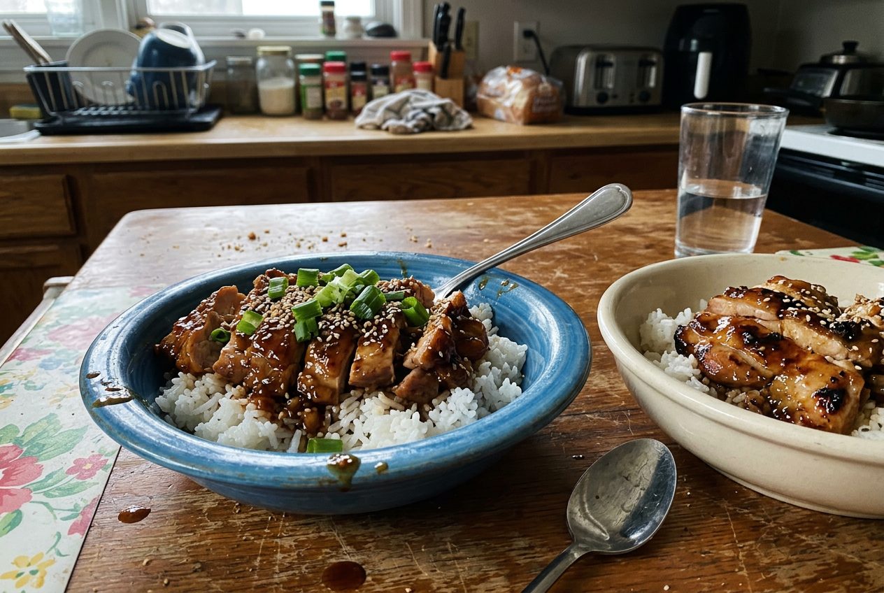 Teriyaki chicken bowl with glazed chicken over steamed rice
