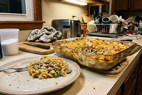 Creamy tuna noodle casserole with a golden crumb topping
