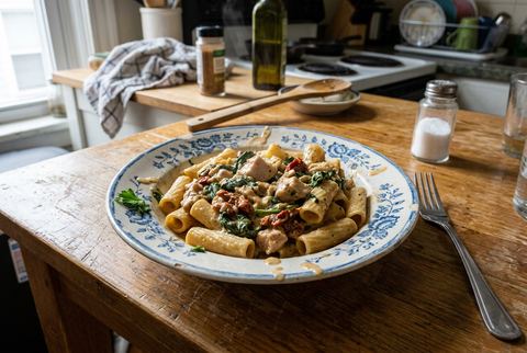 Creamy Tuscan chicken pasta with spinach and sun-dried tomatoes